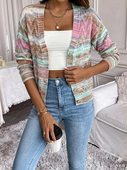 Suéter Cardigan de Tejido Espacial Cómodo para Mujeres con Cuello en V, Manga Larga y Botones en la Parte Frontal