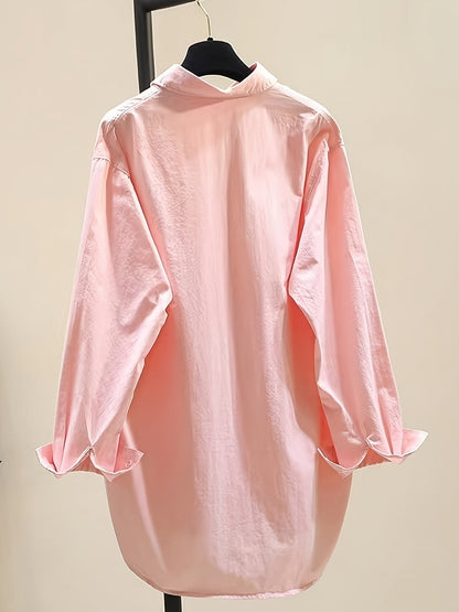 Blusa de Algodón Sin Esfuerzo para Mujeres con Cuello de Punto, Manga Larga, Estilo Oversized y Bajo Irregular