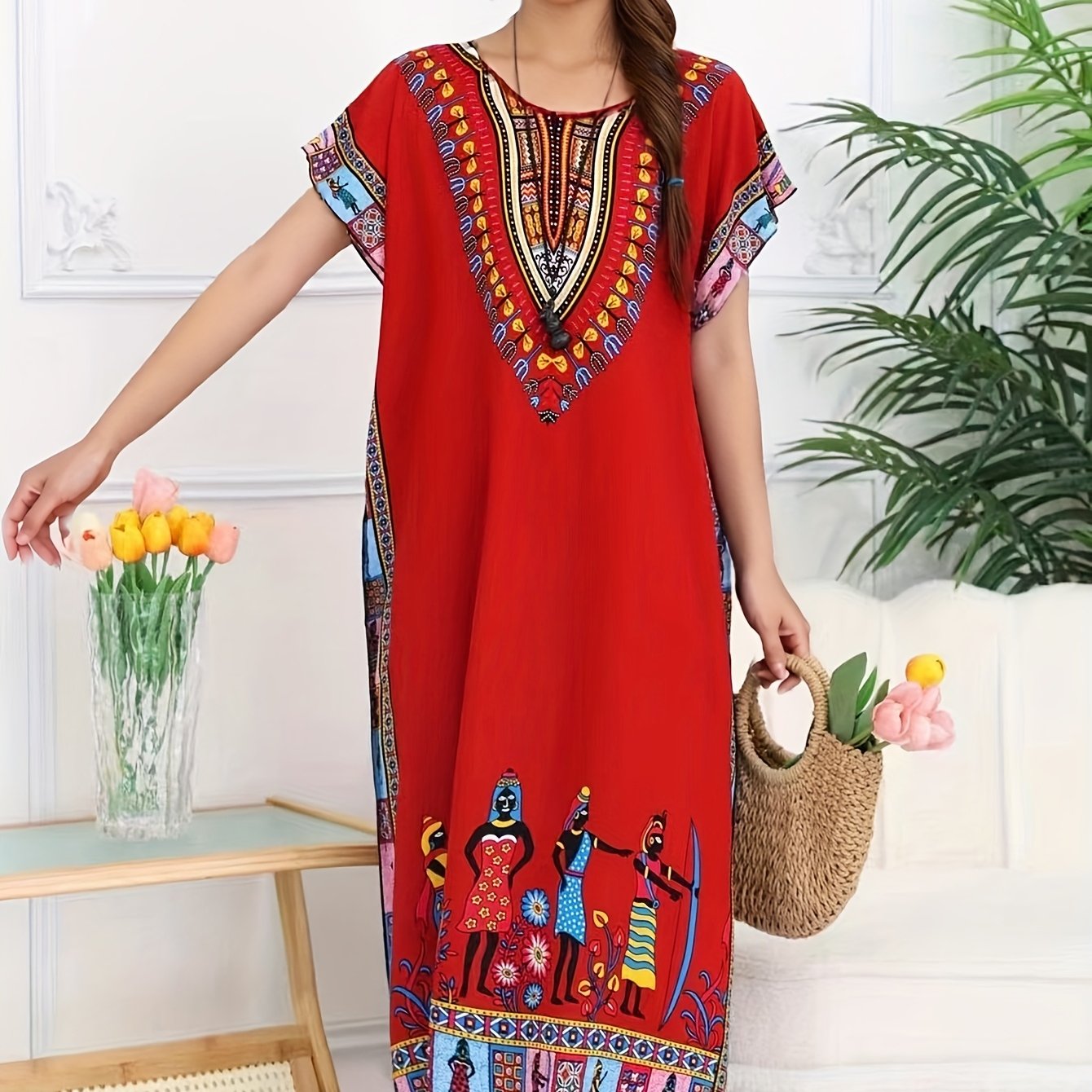 Vestido Kaftán de Impresión Tribal Sin Esfuerzo para Mujeres con Escote en V y Manga Corta Estilo Bohemio