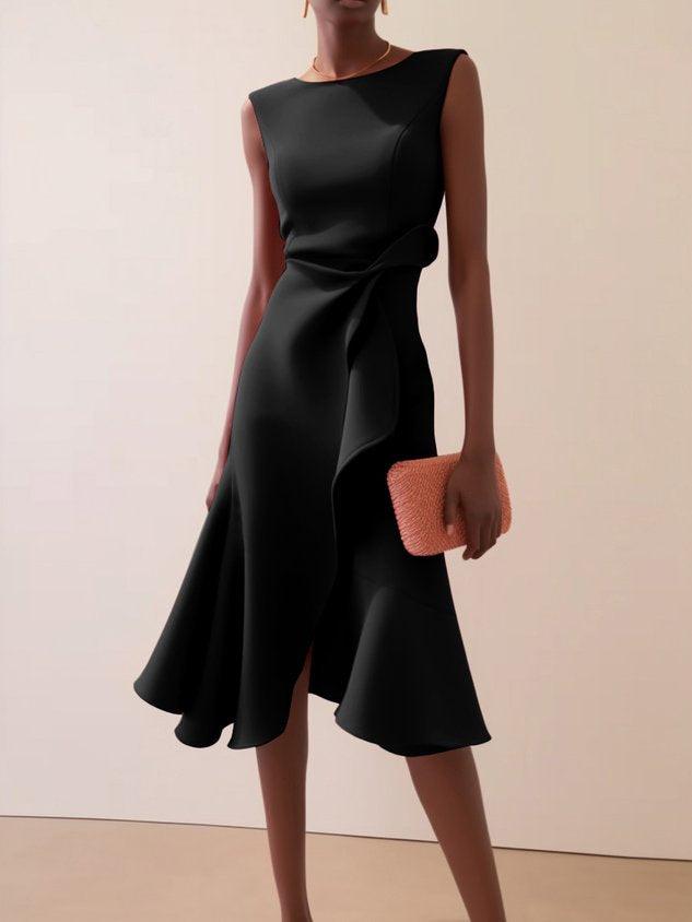 Vestido Midi Elegante con Drapé para Mujeres con Escote Barco, Sin Mangas y Bajo con Volantes Asimétricos Estilo Cóctel