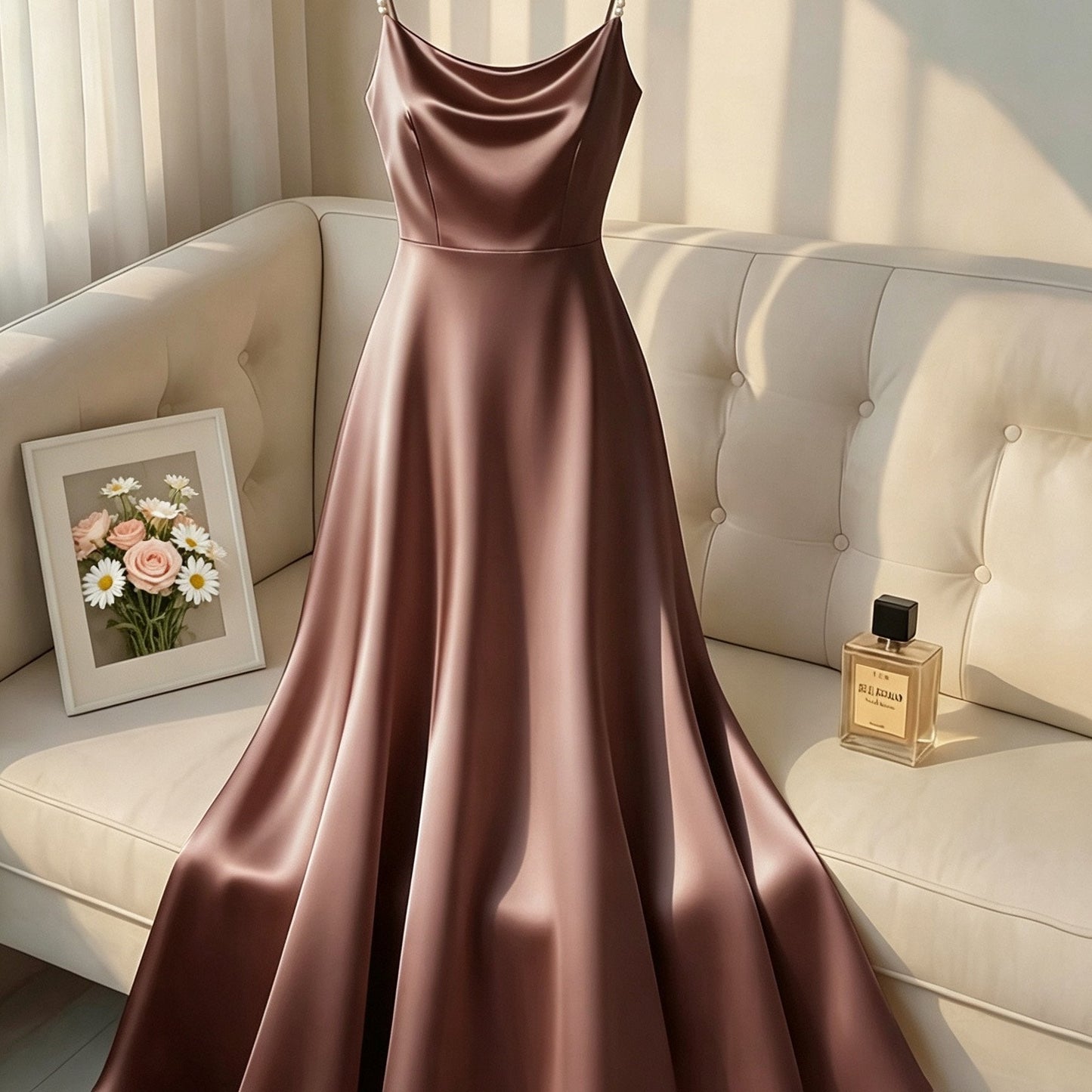 Elegante Vestido Maxi de Satén para Mujeres con Cuello Cowl y Tirantes de Perlas para Estilo Formal de Invitada de Boda