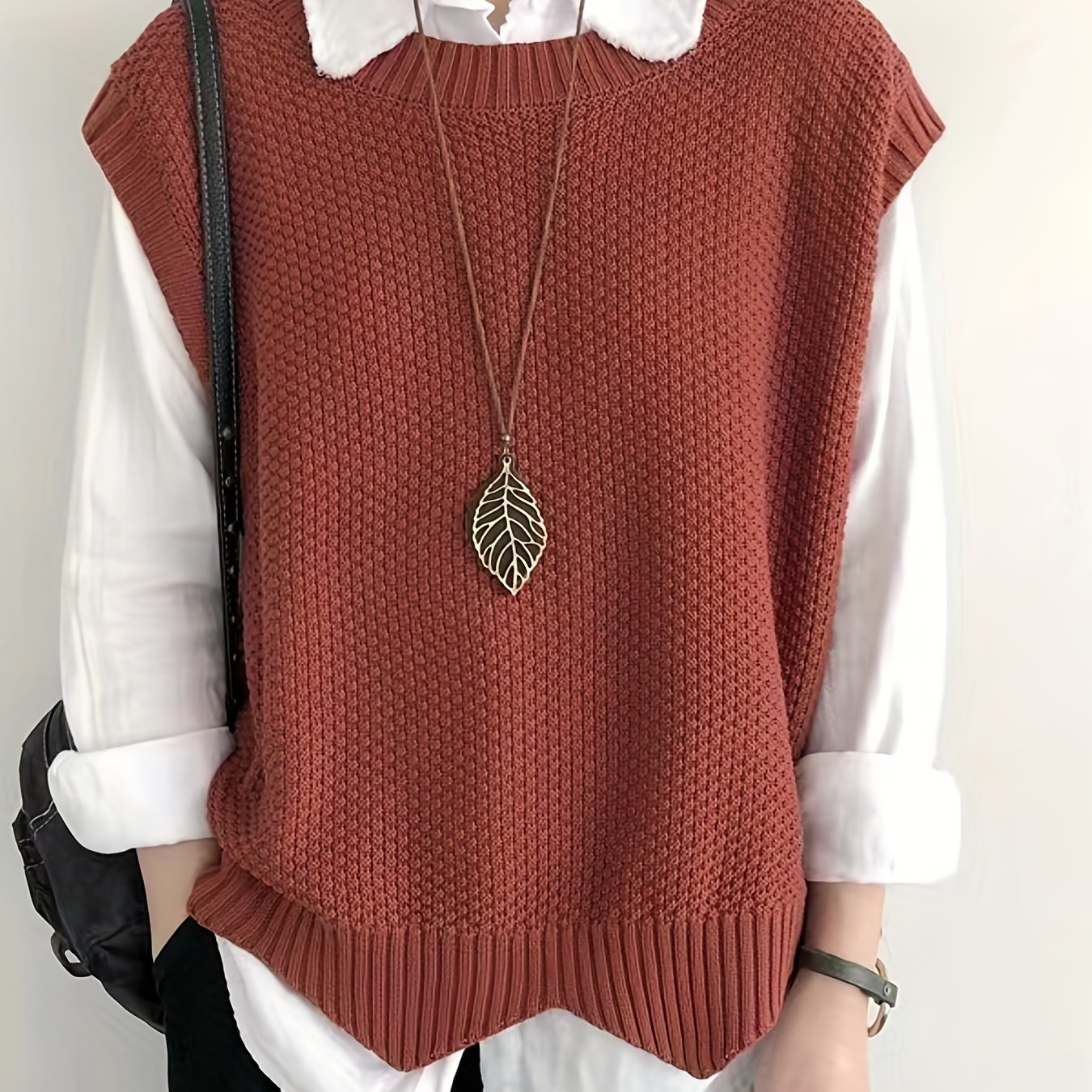 Chaleco de Suéter de Punto Grueso Cómodo para Mujeres con Cuello Redondo Sin Mangas Estilo Relajado y Oversized