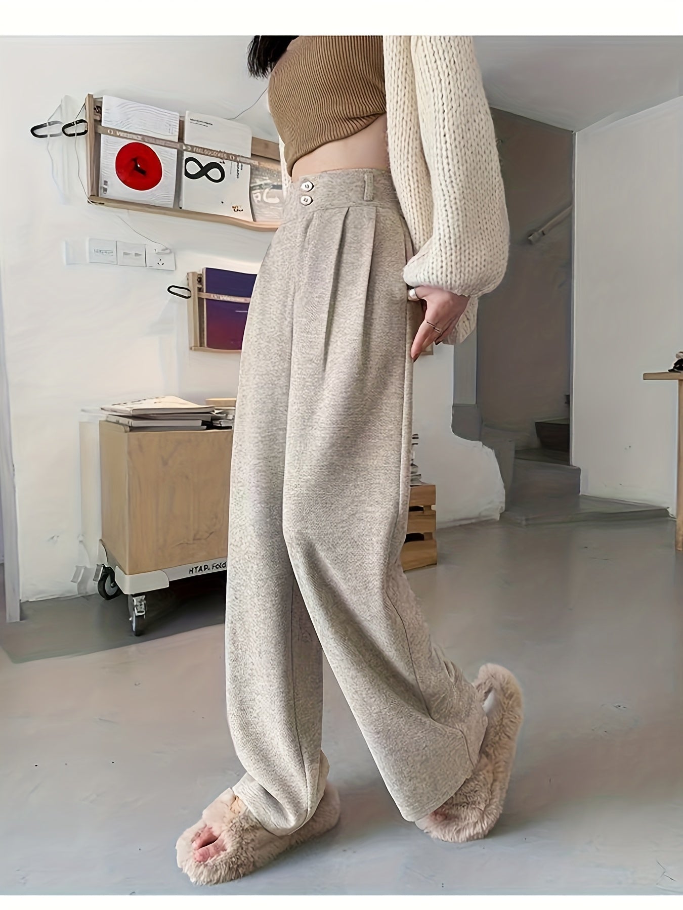 Pantalones Elegantes de Pierna Ancha en Pata de Gallo para Mujeres con Cintura Alta y Cierre de Botón Frontal con Pliegues