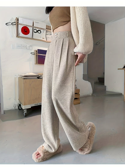 Pantalones Elegantes de Pierna Ancha en Pata de Gallo para Mujeres con Cintura Alta y Cierre de Botón Frontal con Pliegues