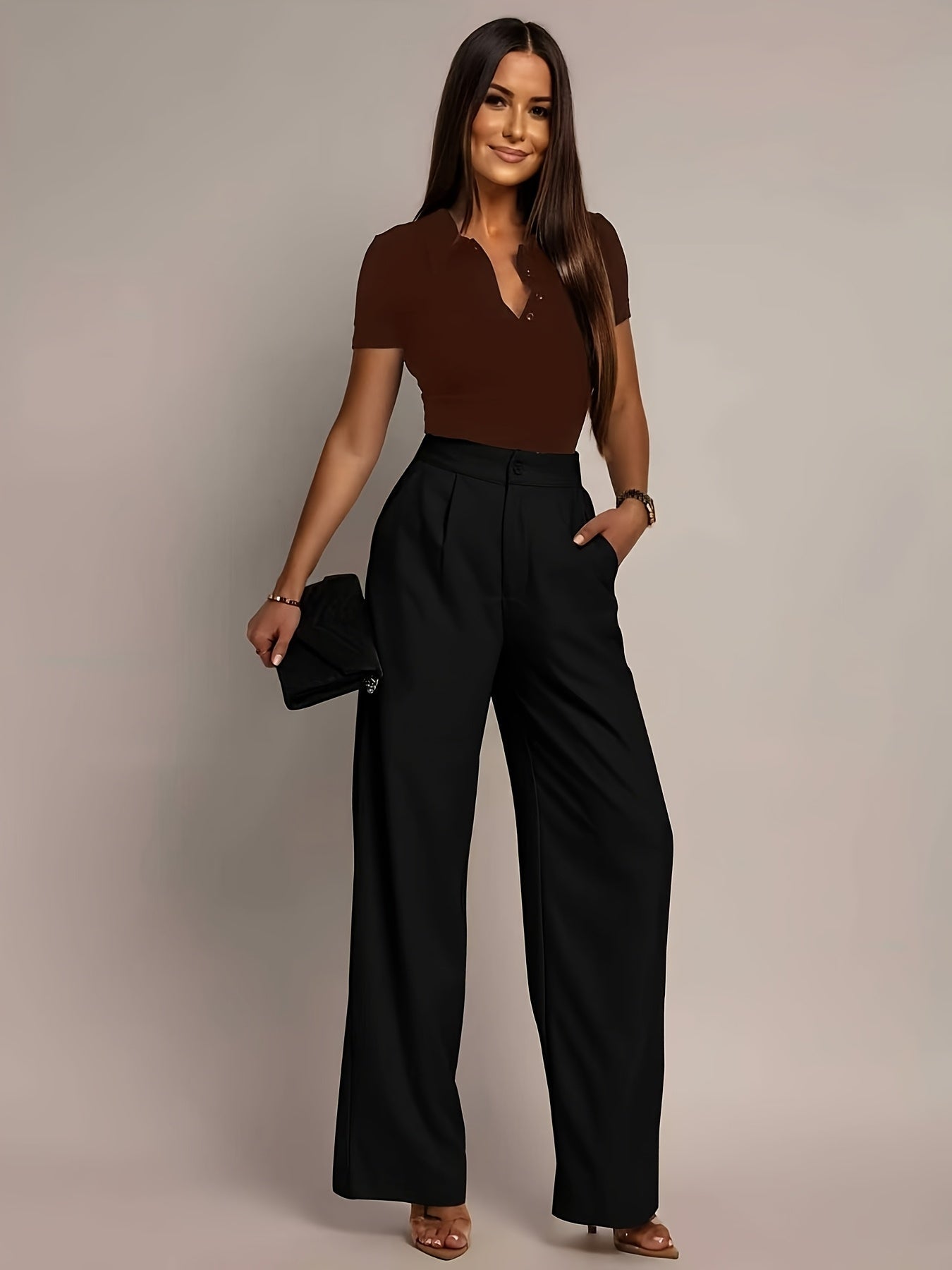 Pantalones de Pierna Ancha Sin Esfuerzo para Mujeres con Cintura Alta y Frente Plisado en Estilo Relajado y Ajustado