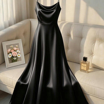 Elegante Vestido Maxi de Satén para Mujeres con Cuello Cowl y Tirantes de Perlas para Estilo Formal de Invitada de Boda