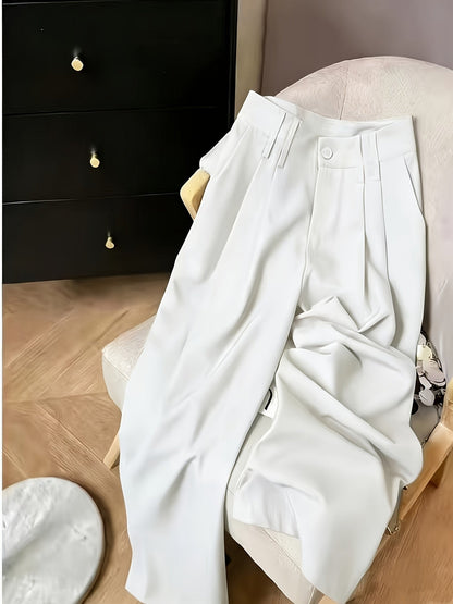 Pantalones Elegantes de Pierna Ancha para Mujeres con Cintura Alta, Frente de Botones y Estilo Plisado