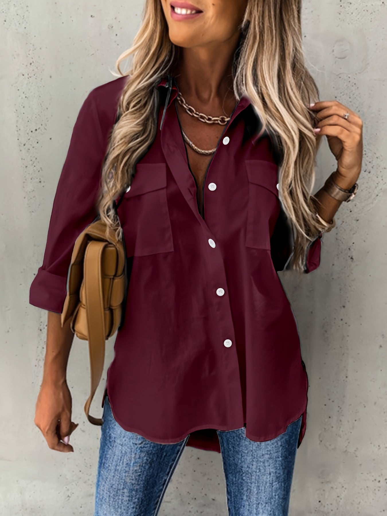 Blusa de Bolsillo Utilitaria sin Esfuerzo para Mujeres con Cuello y Manga Larga de Corte Curvado Relajado