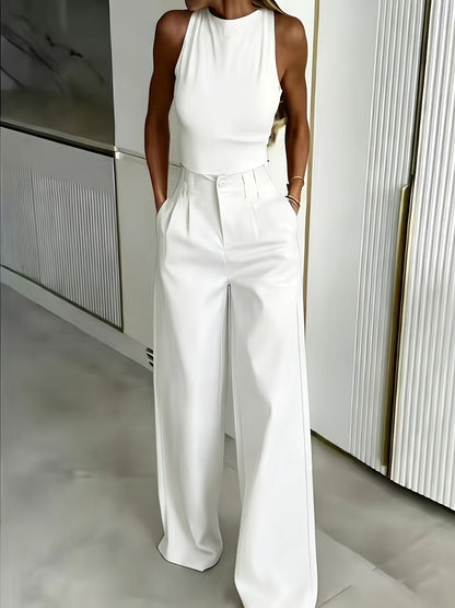 Pantalones Elegantes de Pierna Ancha para Mujeres con Cintura Alta, Frente de Botones y Estilo Plisado