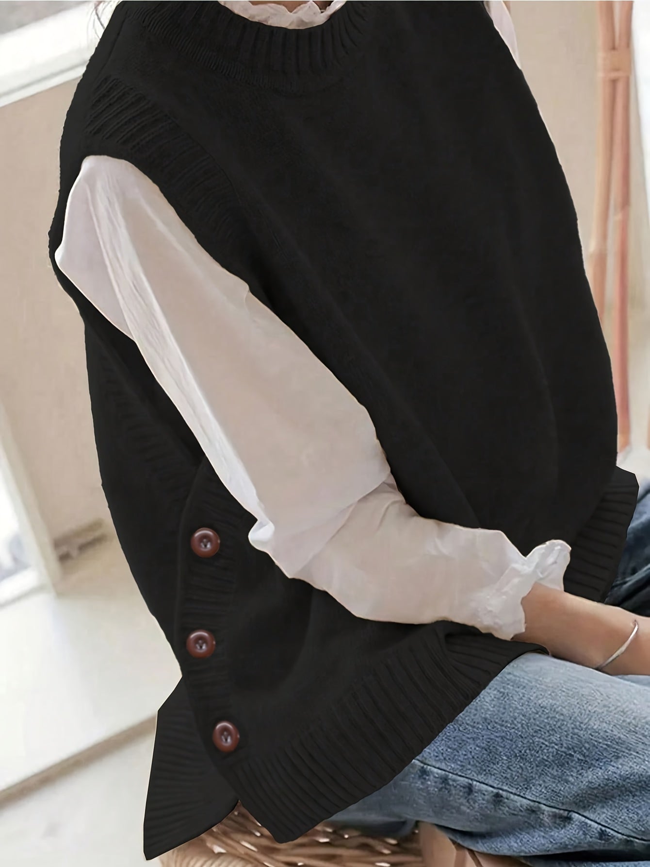 Chaleco de Punto Acanalado Cómodo para Mujeres con Cuello Alto Sin Mangas y Estilo Relajado con Botones Lateral