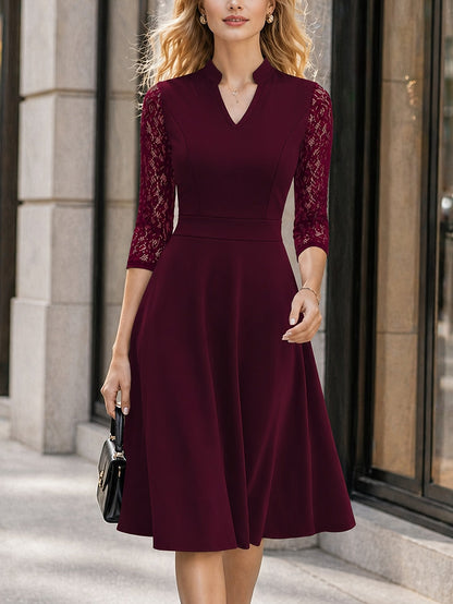 Vestido Midi Elegante con Encaje para Mujeres con Cuello en V Notch y Mangas Tres Cuartos, Estilo Fit and Flare para Cócteles