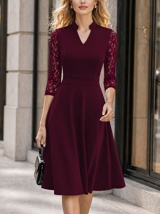 Vestido Midi Elegante con Encaje para Mujeres con Cuello en V Notch y Mangas Tres Cuartos, Estilo Fit and Flare para Cócteles