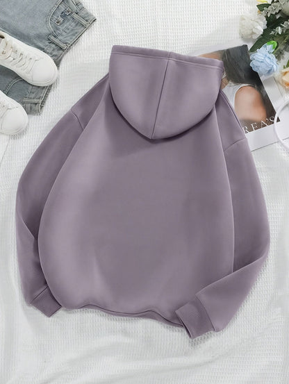 Sudadera gráfica cómoda morada para mujeres con capucha con cordón, de manga larga y estilo oversized relajado