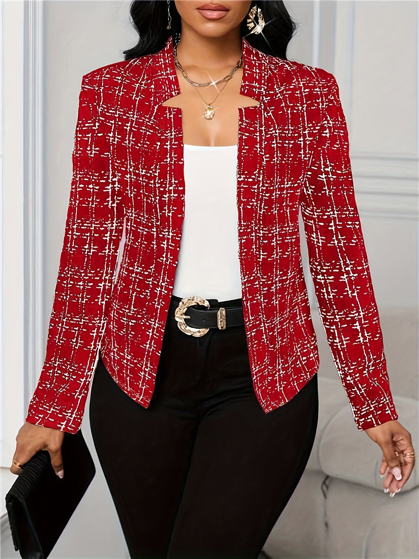 Blazer de Tweed Elegante para Mujeres con Cuello de Solapa, Manga Larga, Estilo Ajustado