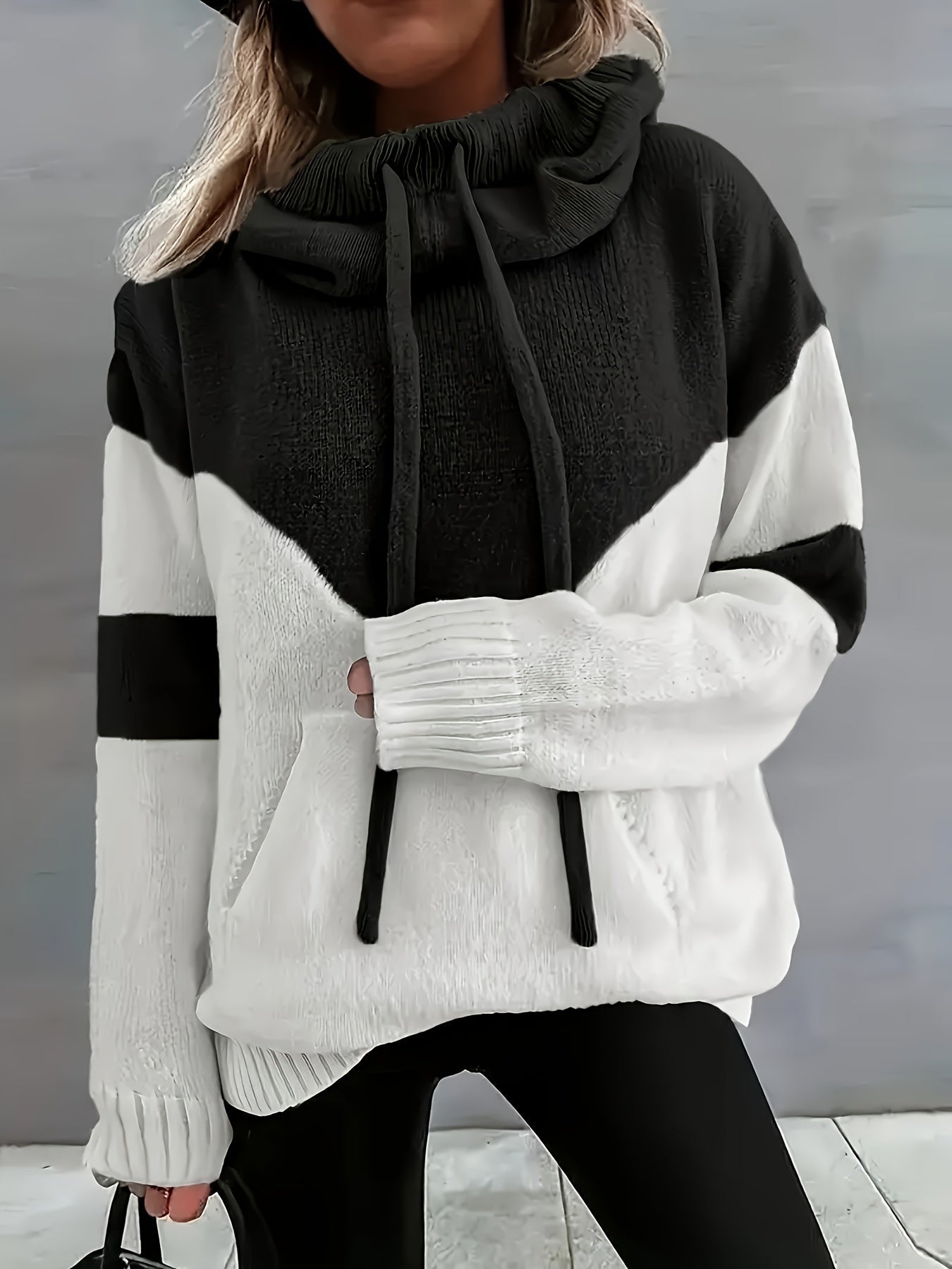 Suéter Colorblock Cómodo para Mujeres con Cuello Cowl de Manga Larga, Estilo Relajado y Oversized