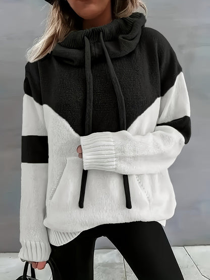 Suéter Colorblock Cómodo para Mujeres con Cuello Cowl de Manga Larga, Estilo Relajado y Oversized