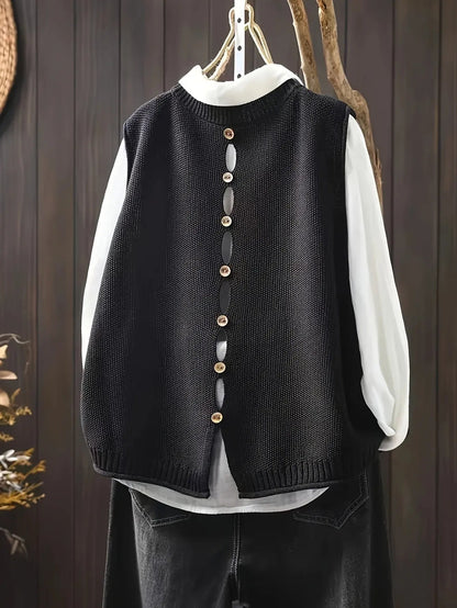 Chaleco de Suéter Cómodo para Mujeres con Cuello Redondo, Sin Mangas, Botones en la Parte Posterior, Estilo Relajado y Oversized