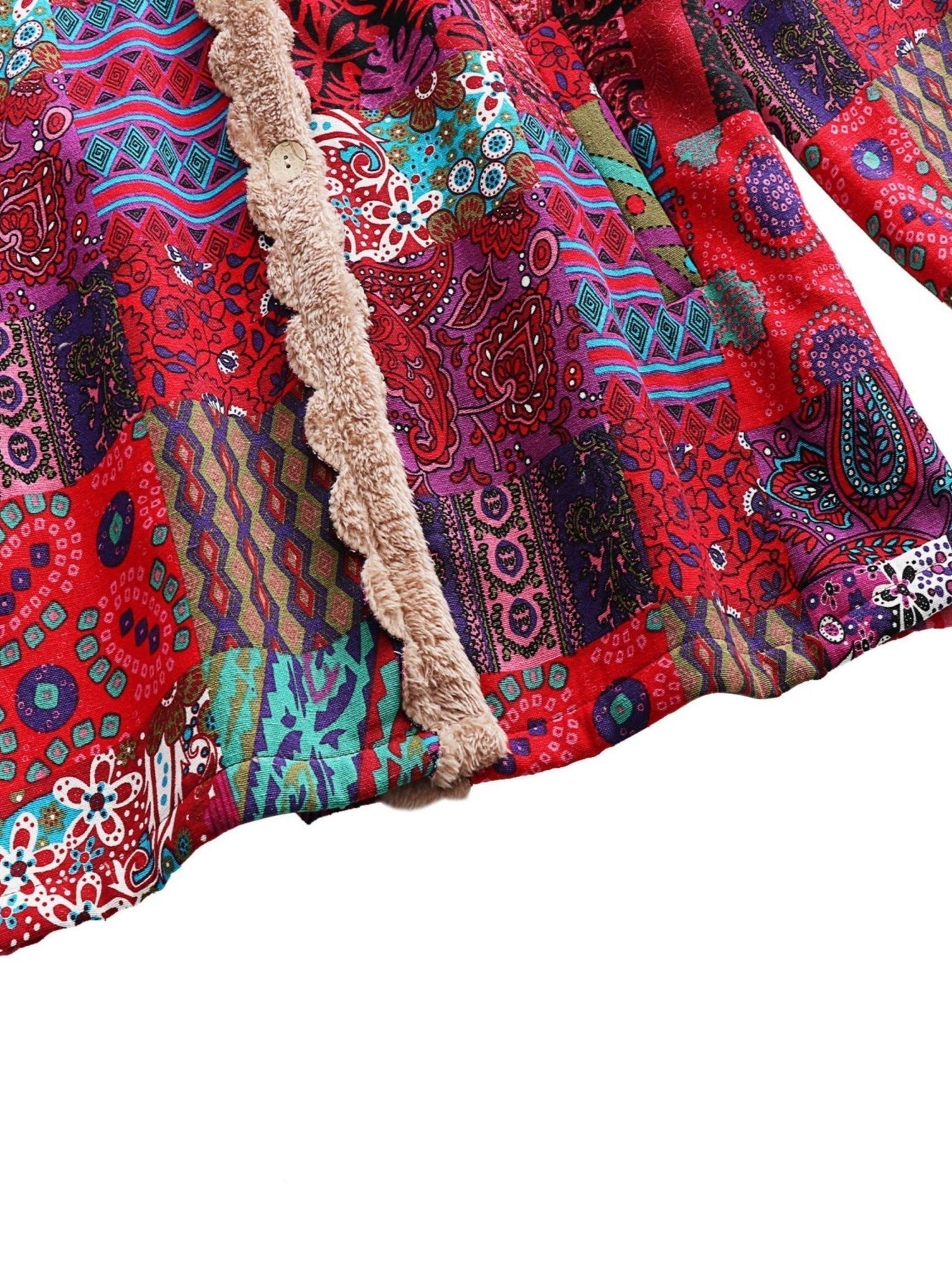 Abrigo de forro polar con estampado de patchwork sin esfuerzo para mujeres, con capucha, manga larga, frente abotonado y estilo bohemio oversized