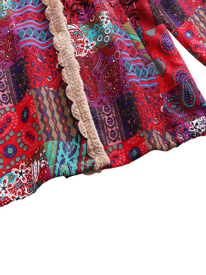 Abrigo de forro polar con estampado de patchwork sin esfuerzo para mujeres, con capucha, manga larga, frente abotonado y estilo bohemio oversized