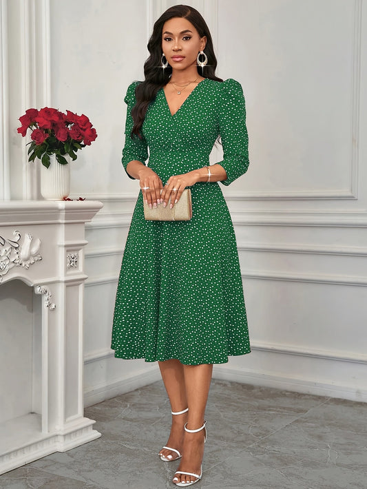 Elegante Vestido Midi de Lunares Verdes para Mujeres con Escote en V y Mangas de Codo, Estilo para Invitadas de Boda