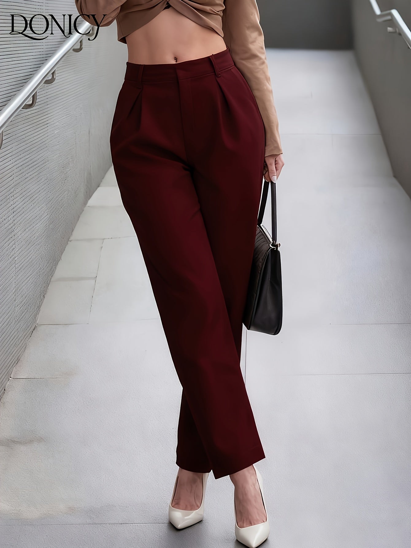 Pantalón Elegante de Cuero Sintético de Pierna Ancha para Mujeres con Cintura Alta y Estilo Plisado Relajado