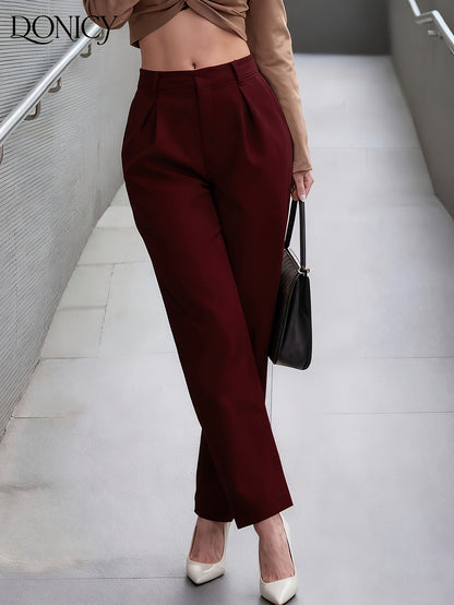 Pantalón Elegante de Cuero Sintético de Pierna Ancha para Mujeres con Cintura Alta y Estilo Plisado Relajado