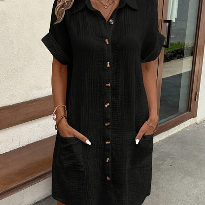Vestido Camisa Texturizado Sin Esfuerzo para Mujeres con Cuello, Manga Corta, Botones Frontales, Estilo Casual Relajado