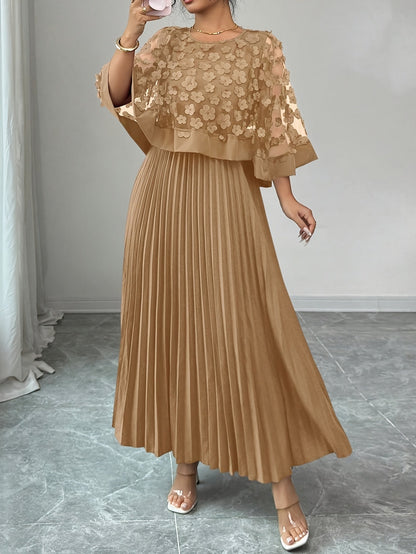 Elegante Vestido Largo Plisado Floral para Mujeres con Cuello Redondo y Manga Capa con Apliques, Estilo Formal para Invitadas de Boda