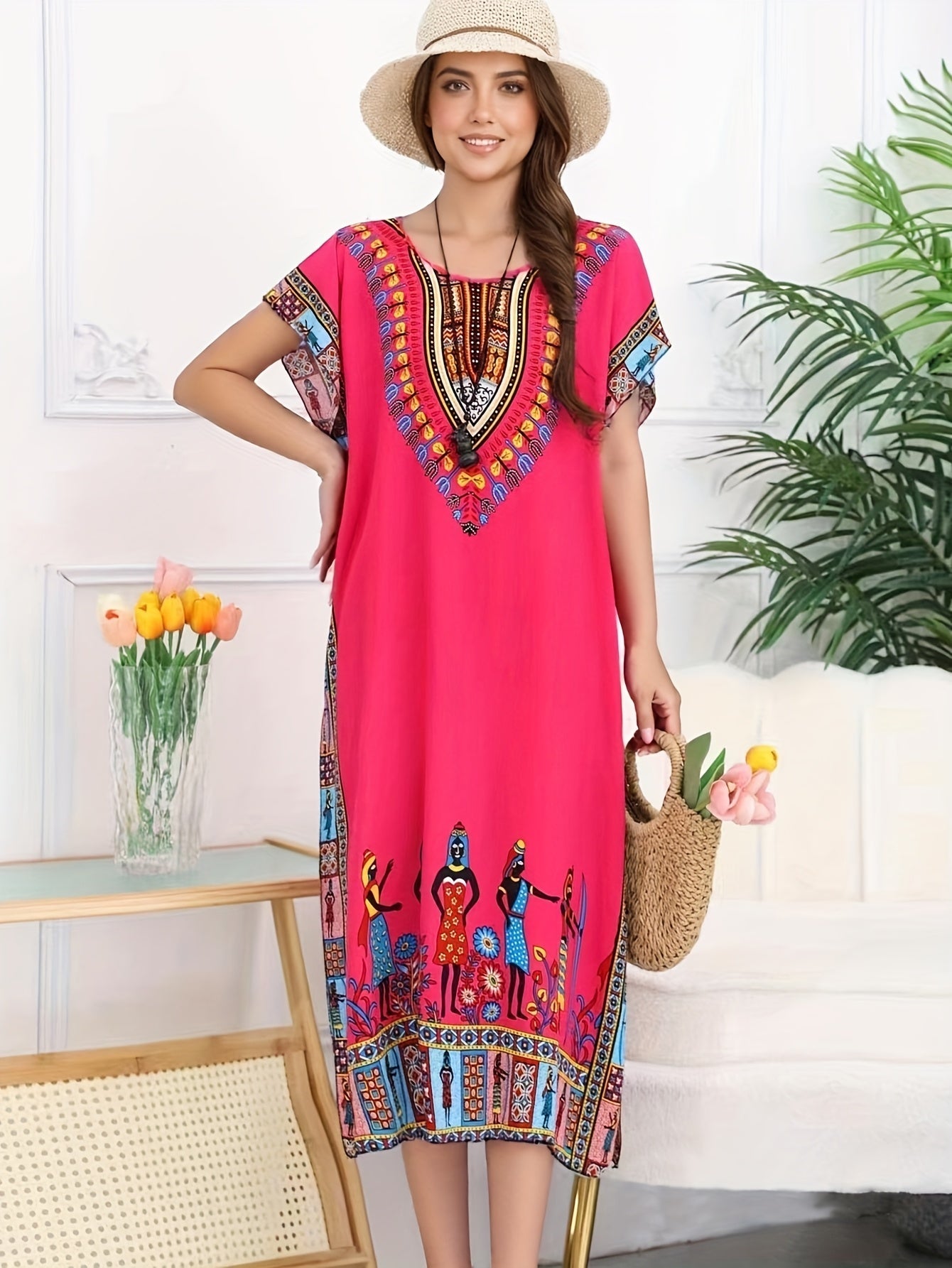 Vestido Kaftán de Impresión Tribal Sin Esfuerzo para Mujeres con Escote en V y Manga Corta Estilo Bohemio