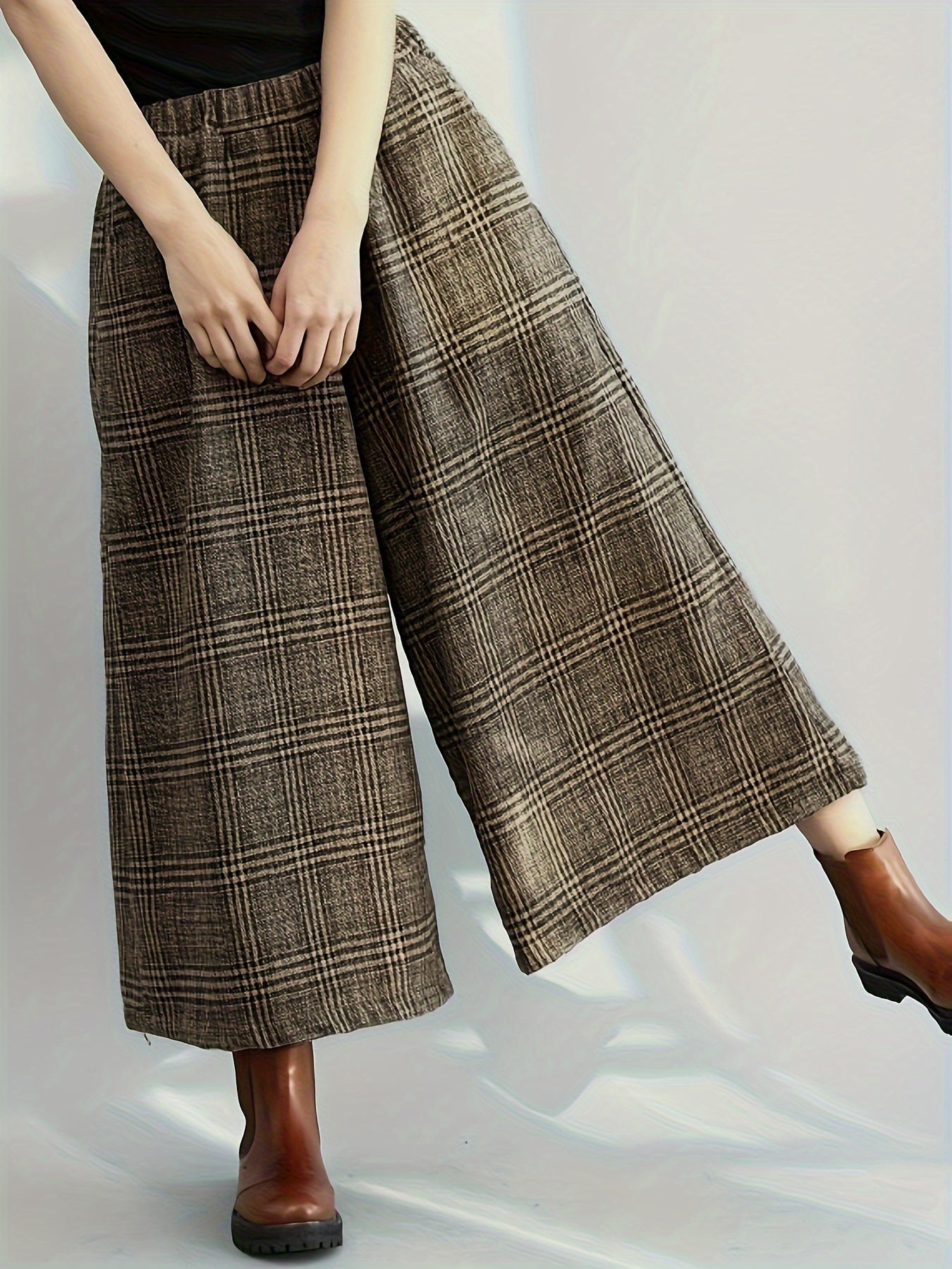 Pantalones Culotte de Cuadros Amplios para Mujer con Cintura Alta Elástica, Estilo Casual Relajado