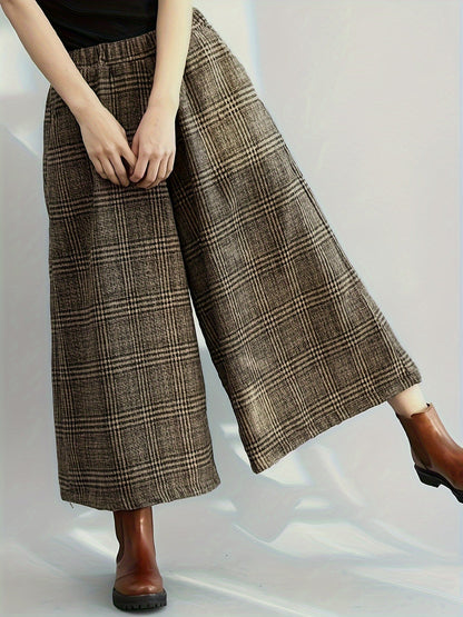 Pantalones Culotte de Cuadros Amplios para Mujer con Cintura Alta Elástica, Estilo Casual Relajado