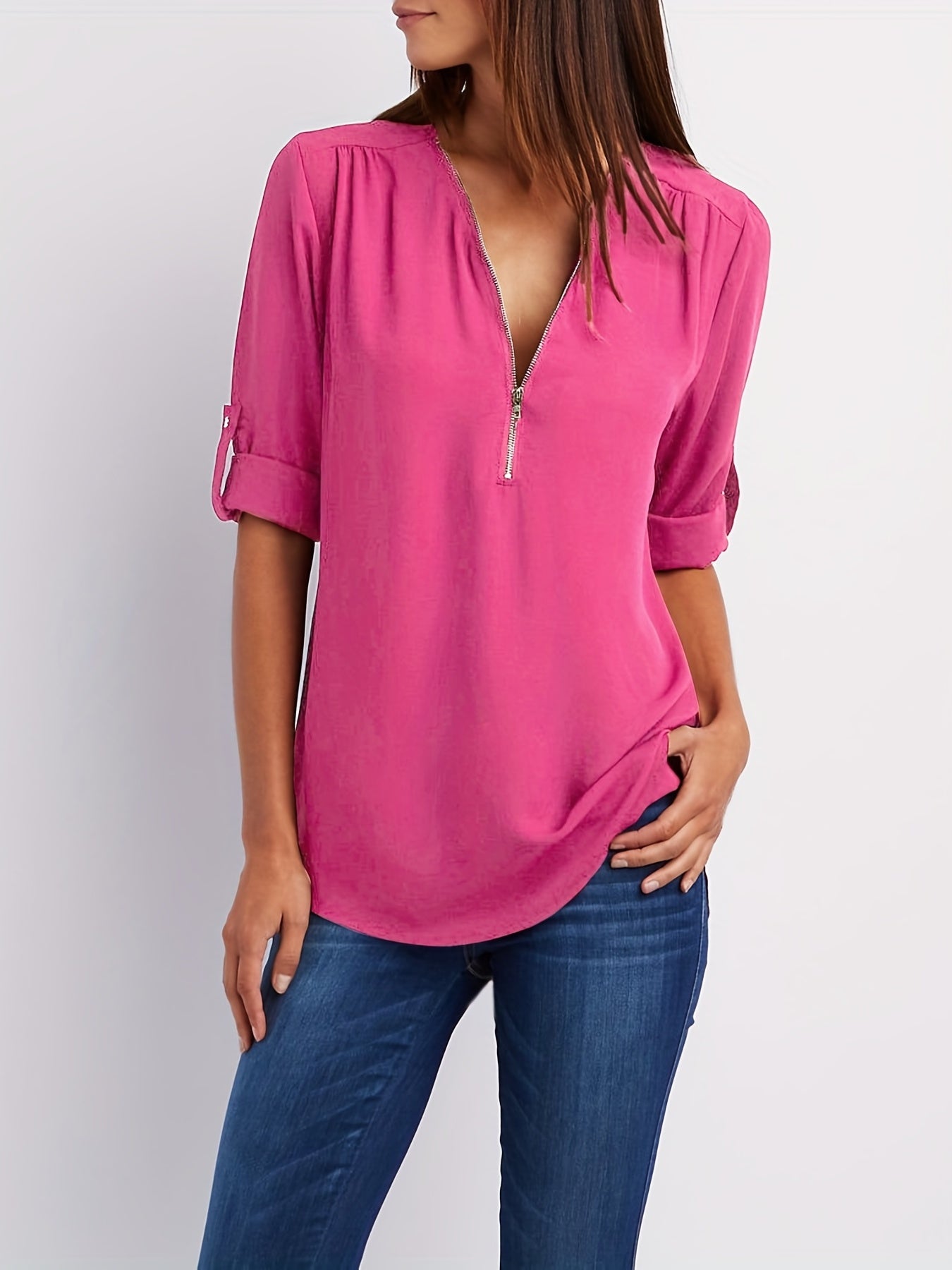 Blusa Frontal con Cremallera Sin Esfuerzo para Mujeres con Cuello en V y Manga con Tabulador, Estilo Túnica Relajada