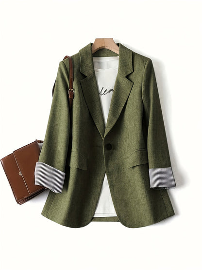 Blazer Texturizado Verde Helecho Elegante para Mujeres con Solapa de Muesca, Manga Larga y Puño Rayado Estilo Casual