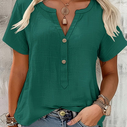 Blusa Texturizada Sin Esfuerzo para Mujeres con Escote en V Notch, Manga Corta, Estilo Relajado y Botones en la Parte Frontal