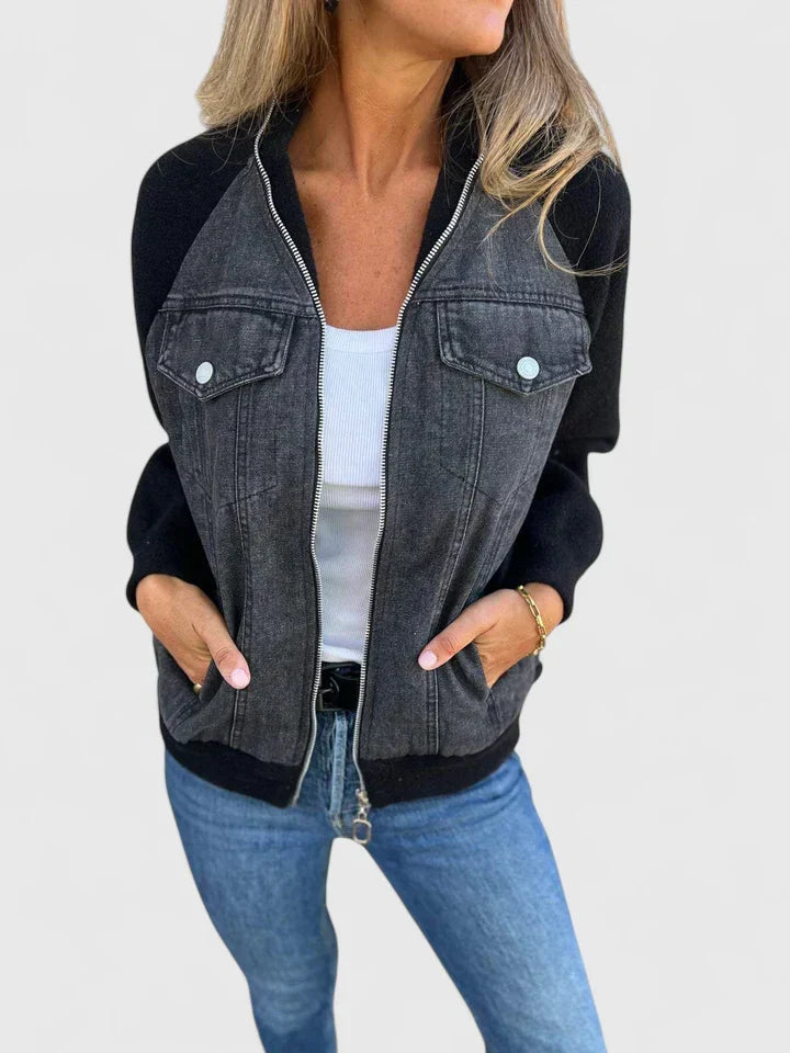 Chaqueta Bomber de Denim Sin Esfuerzo para Mujeres con Cierre Frontal, Manga Larga, Estilo Casual a Rayas