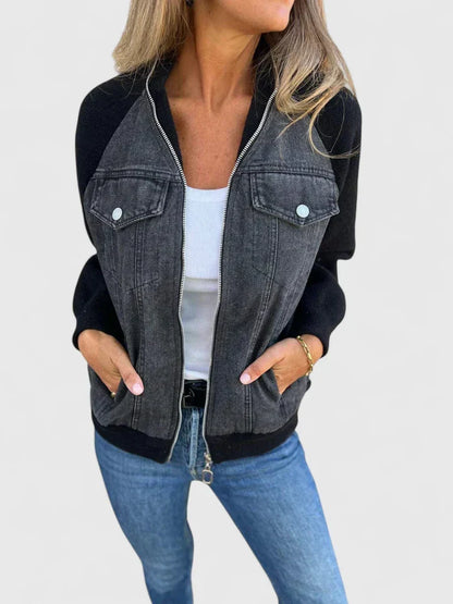 Chaqueta Bomber de Denim Sin Esfuerzo para Mujeres con Cierre Frontal, Manga Larga, Estilo Casual a Rayas