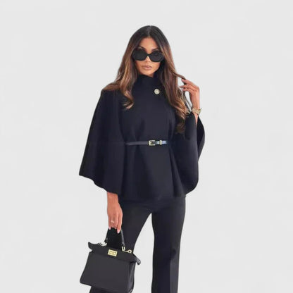 Chaqueta Capa Texturizada Elegante para Mujeres con Cuello Alto, Mangas de Campana y Cinturón en Estilo Peplum