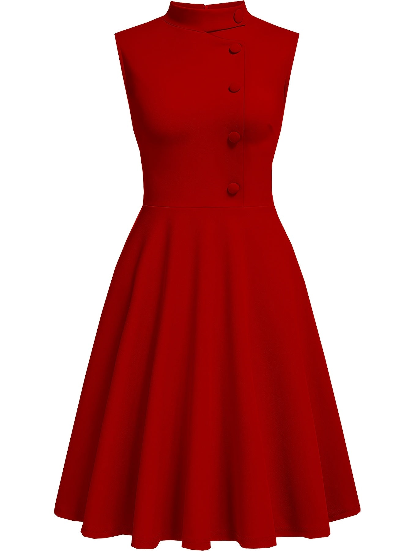 Elegante Vestido Midi Azul Marino para Mujeres con Cuello Alto Sin Mangas y Botones en la Parte Frontal, Estilo Cóctel de Corte Ajustado y Acampanado
