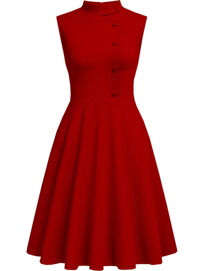 Elegante Vestido Midi Azul Marino para Mujeres con Cuello Alto Sin Mangas y Botones en la Parte Frontal, Estilo Cóctel de Corte Ajustado y Acampanado