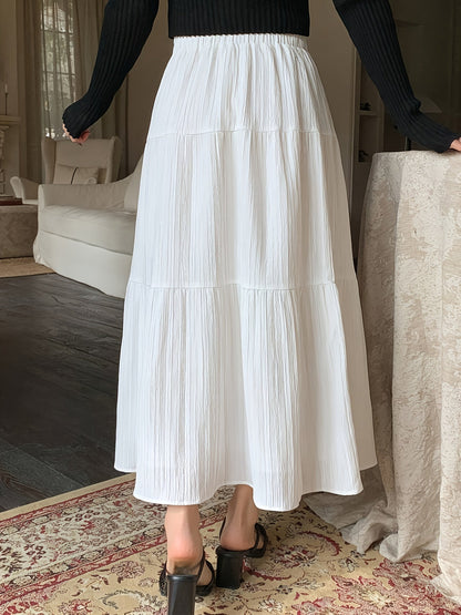 Falda Maxi Blanca de Capas Elegante para Mujeres con Cintura Alta Elástica Estilo A Line Fluyente