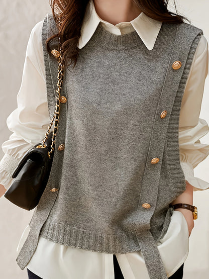 Chaleco de Suéter Cómodo para Mujeres con Cuello Redondo Sin Mangas y Detalle de Botones en Estilo Relajado y Oversized