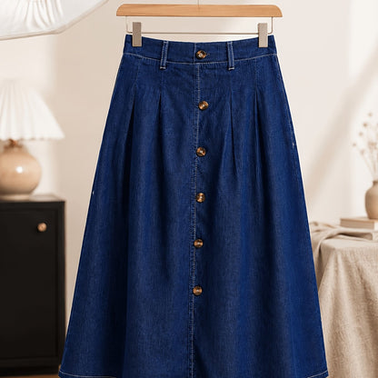 Falda Midi de Mezclilla Azul Medio para Mujeres con Botones Frontales Estilo A Plisado