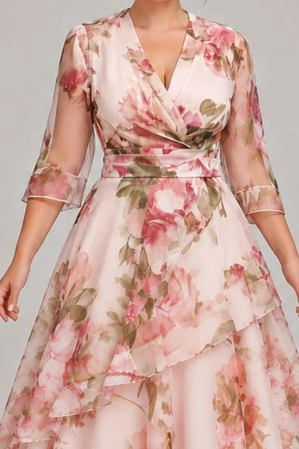 Elegante Vestido Maxi Floral Rosa para Mujeres con Escote en V, Manga de Campana, Estilo de Invitada de Boda con Volantes en Capas