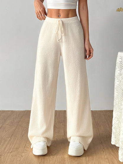 Pantalones Anchos de Punto Acanalado para Mujeres con Cintura Alta y Cuerda de Ajuste, Estilo Casual Relajado