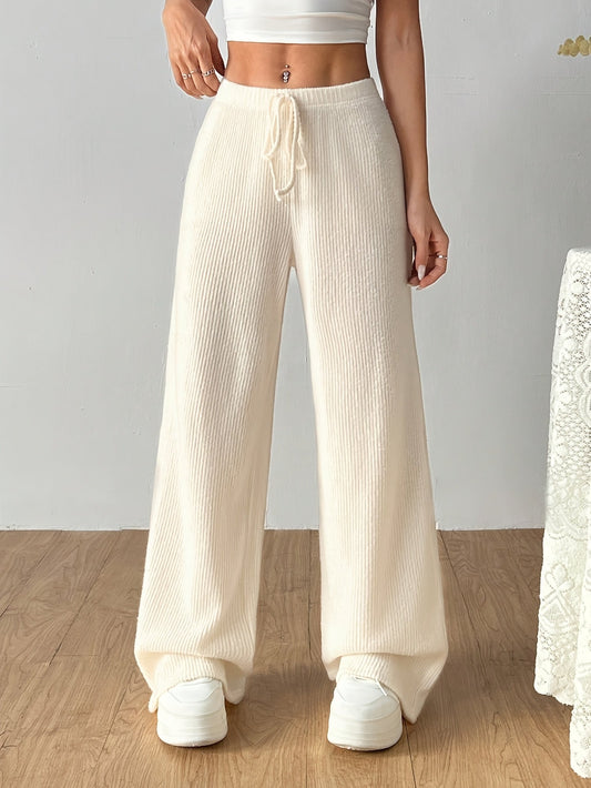 Pantalones Anchos de Punto Acanalado para Mujeres con Cintura Alta y Cuerda de Ajuste, Estilo Casual Relajado