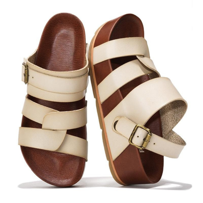 Sandalias Deslizantes Cómodas para Mujeres con Tiras de Triple Hebilla y Plantilla Contorneada Estilo Abierto