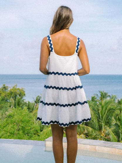Vestido Mini de Ric Rac en Capas Sin Mangas para Mujeres con Escote Cuadrado y Volantes de Estilo Bohemio