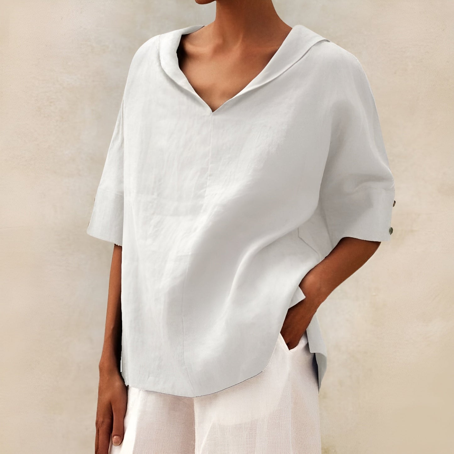 Blusa de Lino Sin Esfuerzo para Mujeres con Cuello en V, Manga Corta, Estilo Relajado y Oversized