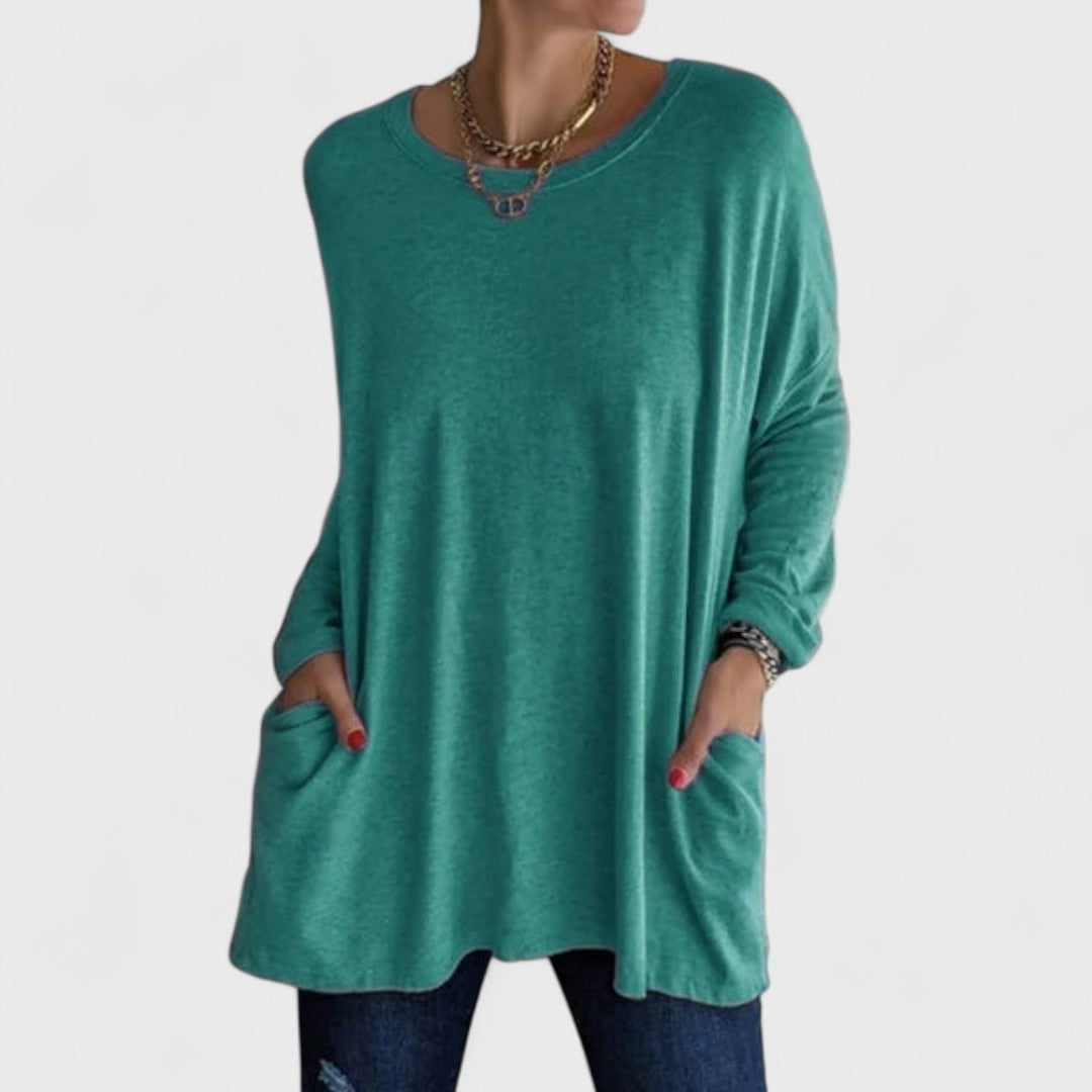 Túnica Oversized Sin Esfuerzo para Mujeres con Cuello Redondo, Manga Larga, Bolsillos Laterales y Estilo Relajado