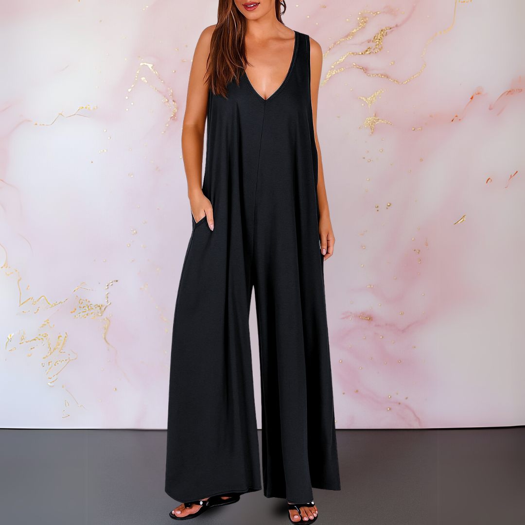 Mono de Pierna Ancha Sin Esfuerzo para Mujeres con Escote en V Sin Mangas y Estilo Fluido y Relajado